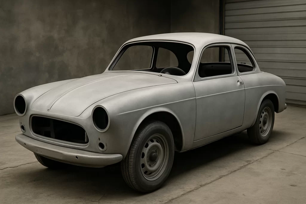Sandblasted classic car body restored for painting