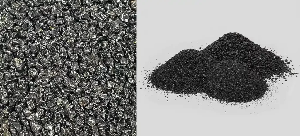 Mounds of coal slag powder for blasting, with a close up of the granules