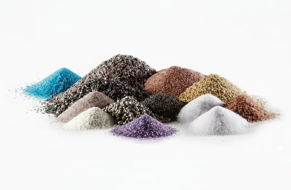 Various small mounds of different abrasive materials used for sandblasting by Blast It Off