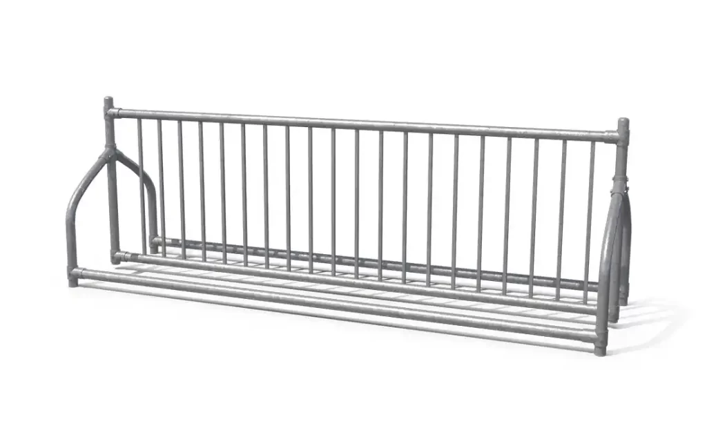 Metal bike rack sandblasted to remove rust and old paint for outdoor durability