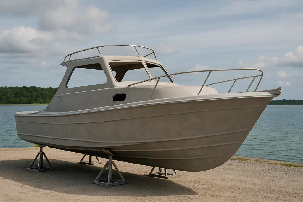 Boat hull sandblasted and prepared for refinishing