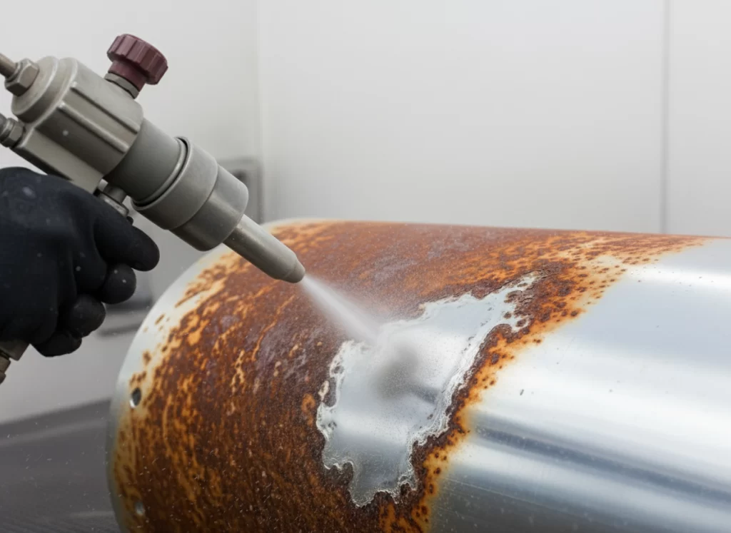 Close up of an oxidized metal cylinder being sandblasted to remove the rust by Blast It Off