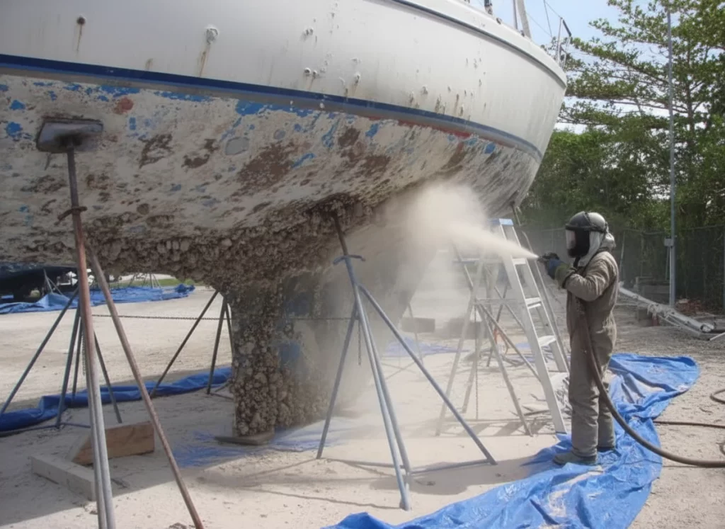 A worker in protective gear sandblasting the underbelly of a boat in a shipyard, with dust in the air and parts of the hull already cleaned to bare surface.
